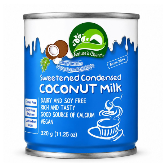 Leite Condensado de Coco Lata azul de leite de coco adoçado Natures Charm 320 g com texto e gráficos brancos
