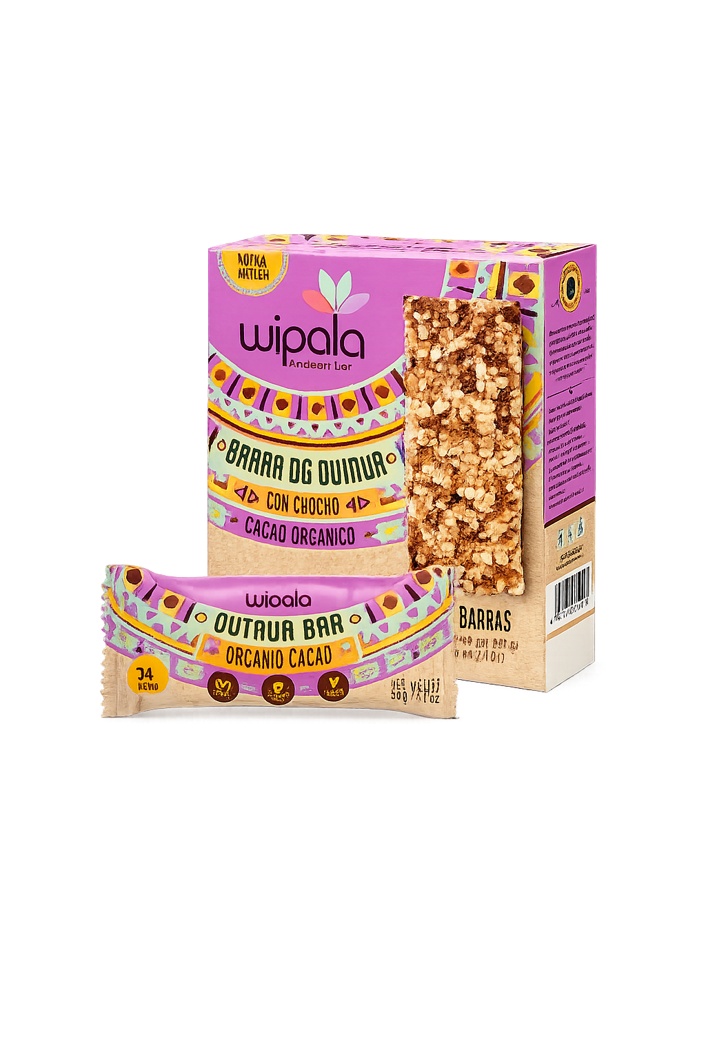 Wipala Barrinhas Quinoa Cacau Caixa rosa de barras de quinoa e cacau orgânico Wipala com barra visível e embalagem individual