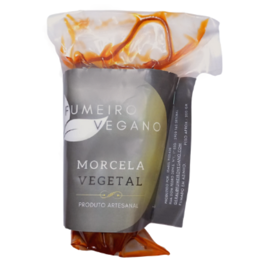 Morcela Vegetal Embalagem de morcela vegetal com rótulo preto e branco FUMEIRO VEGANO