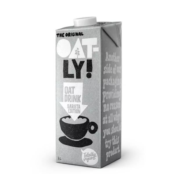 Bebida Vegetal | Oatly embalagem cinza clara para bebida de aveia Oatly com tampa branca e chávena de café preta desenhada.