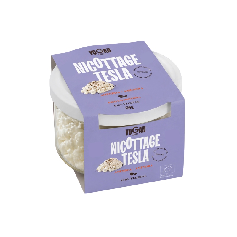 Nicottage Tesla - Creme Vegetal Rico em Proteína Frasco de vidro com rótulo lilás e tampa branca com produto branco no interior