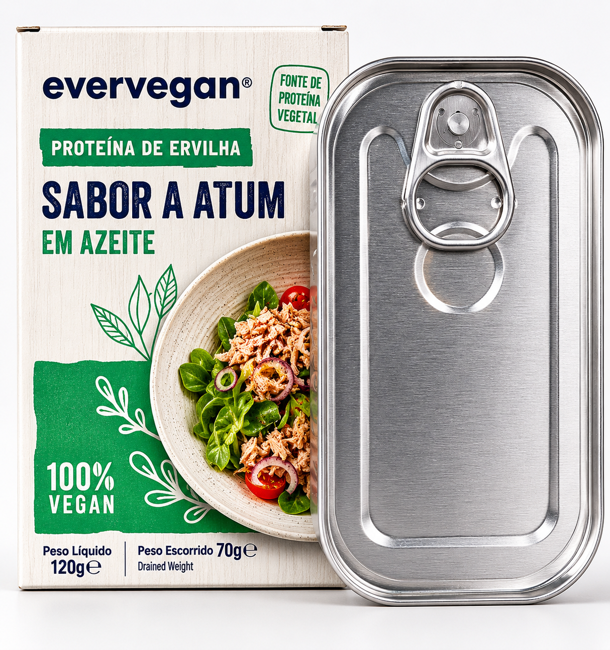 Conserva tipo Atum Em Azeite Embalagem e lata metálica de proteína vegetal sabor atum em azeite Evervegan.