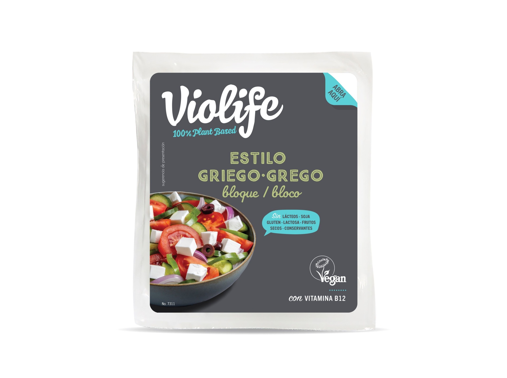 Bloco estilo grego Embalagem de produto vegetal Violife estilo Grego com imagem de salada colorida