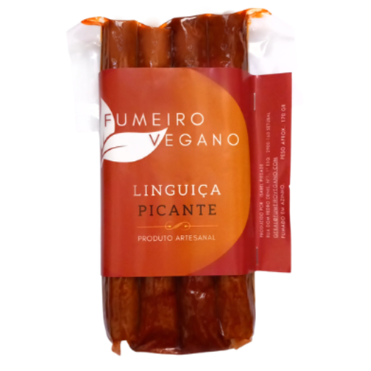Linguiça Picante linguiça vegana picante em embalagem plástica com rótulo vermelho