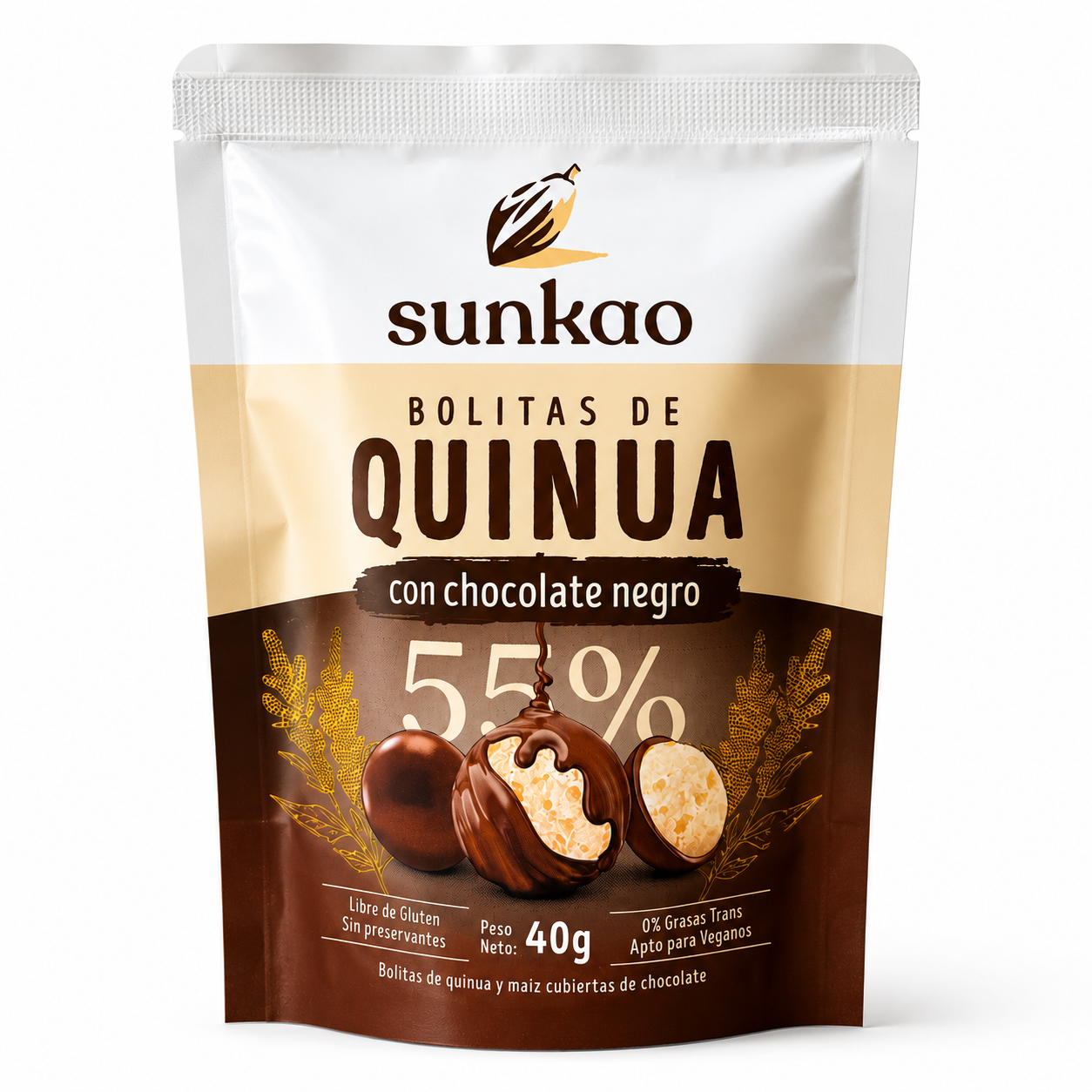 Sunkao Bolinhas Quinoa e Chocolate Embalagem de bolitas de quinua com chocolate negro 55%