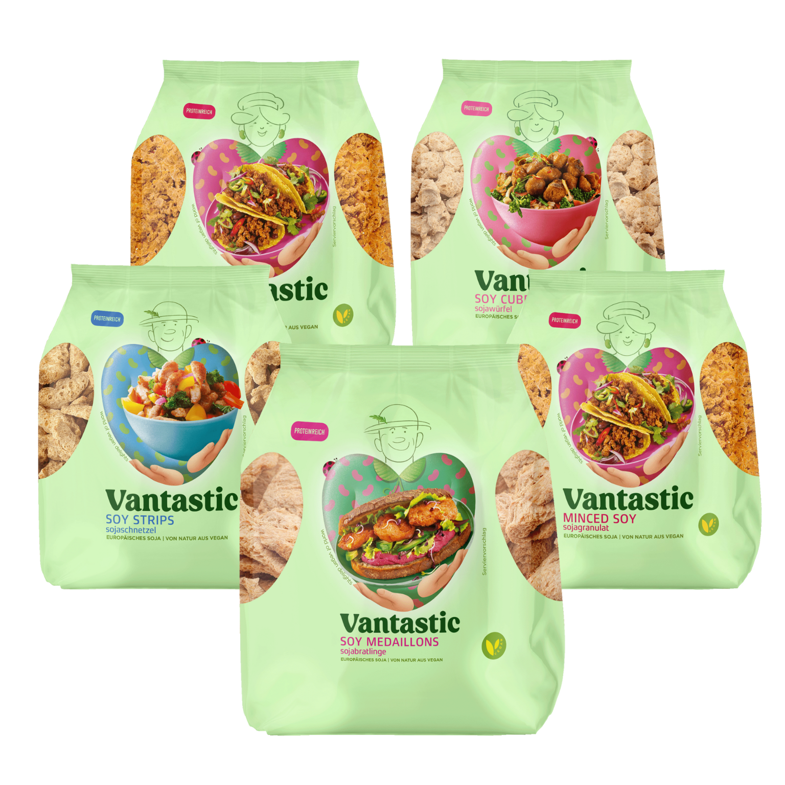 Proteína de Soja Texturizada Embalagens verdes de produtos Vantastic de soja para culinária, com imagem de pratos em tigelas coloridas.