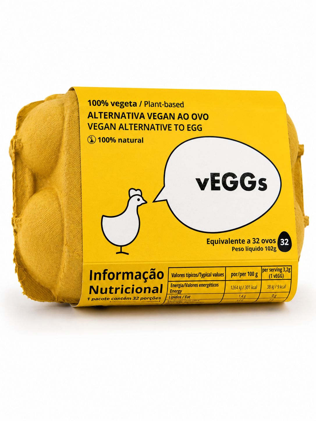 vEGGS Substituto de Ovo Embalagem amarela de alternativa vegan ao ovo chamada vEGGs com texto e tabela nutricional.