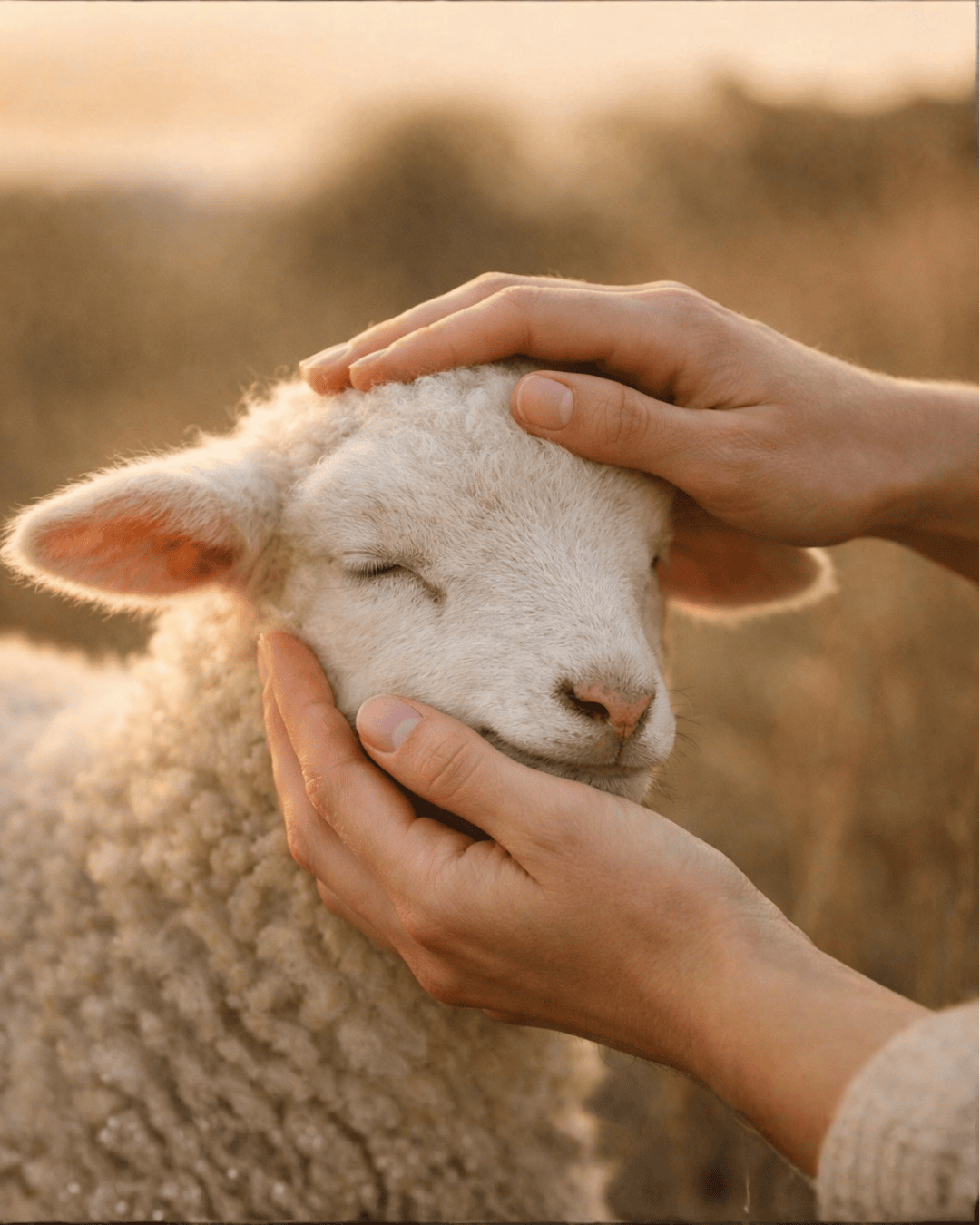 Ovelha branca a ser acarinhada por mãos humanas