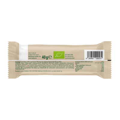 Parte traseira de embalagem de produto alimentar orgânico bege clara com texto e código de barras