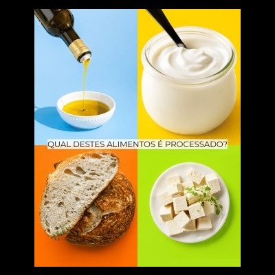 Quatro alimentos diferentes em fundo colorido, com texto central em português.