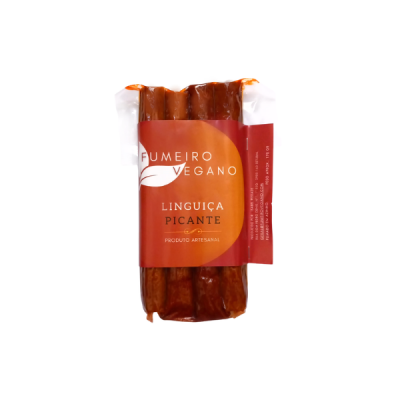 Pacote de lingüiça picante vegana com rótulo vermelho