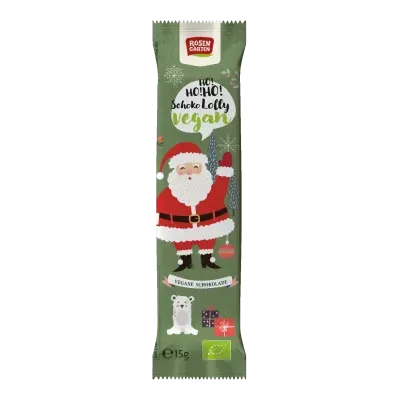 Embalagem verde com Pai Natal e texto Schoko Lolly vegan