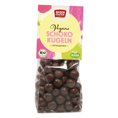 Pacote de bolas de chocolate veganas Rosen Garten com rótulo colorido e selo bio