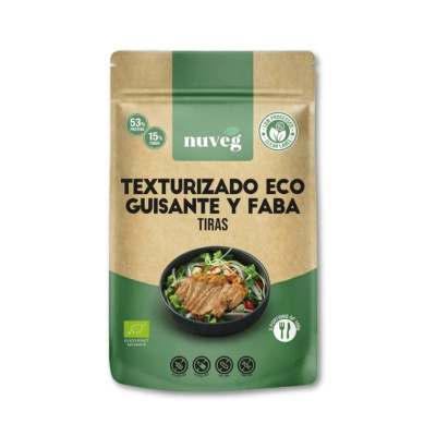 Embalagem eco verde e bege de produto alimentar Nuveg Texturizado Eco Guisante y Faba Tiras com imagem de prato preto