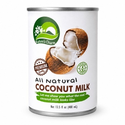 Lata branca de leite de coco, marca Natures Charm com texto e imagem de coco partido.
