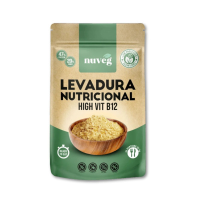 Embalagem de levedura nutricional com texto e imagem do produto em taça