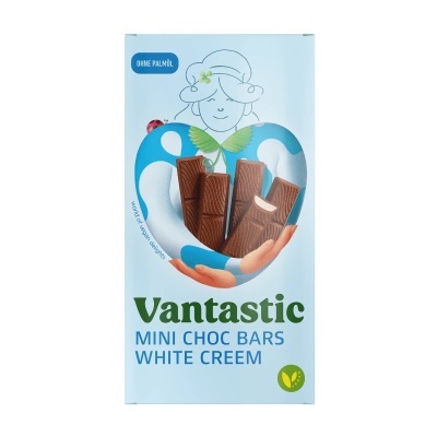 Embalagem de chocolates Vantastic Mini Choc Bars White Cream azul claro com barras de chocolate e creme