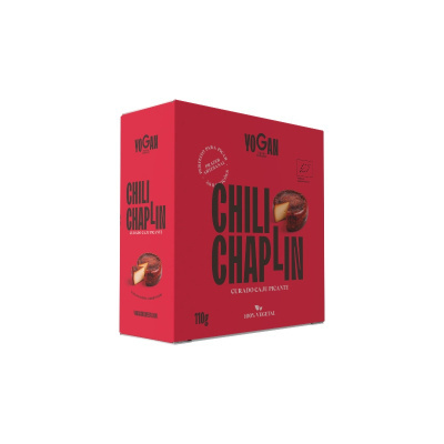 Caixa vermelha de produto vegano Chili Chaplin com texto e imagem do produto