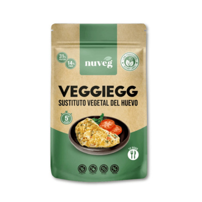 Embalagem de substituto vegetal do ovo VEGGIEGG da marca nuvég, bege e verde, com informações nutricionais e ícones de alergénios.