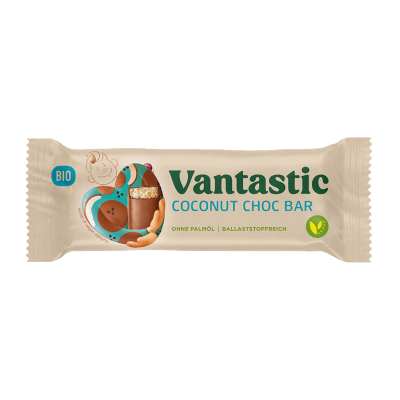 Barra de chocolate Vantastic Coconut Choc Bar em embalagem bege com texto e ilustração
