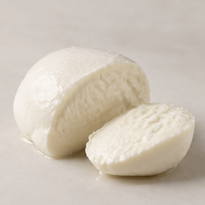 Queijo fresco branco cortado ao meio numa superfície clara