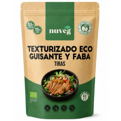 Embalagem de produto alimentar texturizado em castanho e verde da marca Nuveg