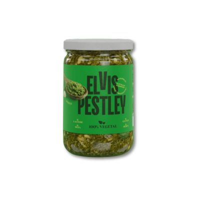 Frasco de pesto verde com etiqueta verde e tampa branca