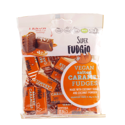 Pacote transparente de caramelos vegan de caramelo salgado Super Fudgio