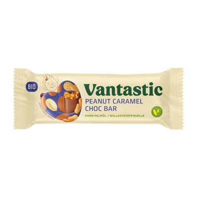 Barra de chocolate Vantastic Peanut Caramel com embalagem creme e selo BIO