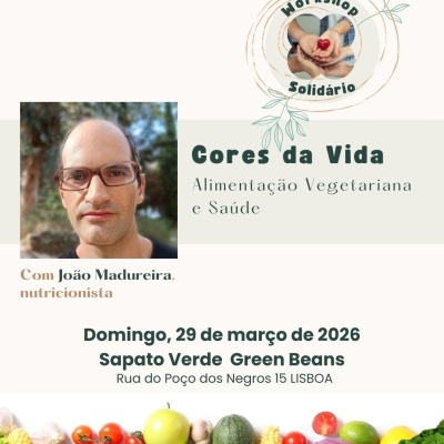 Cartaz de workshop sobre alimentação vegetariana com foto do nutricionista e frutas e legumes coloridos
