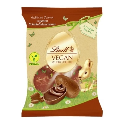 Pacote de chocolates vegan Lindt Schoko Deluxe com coelho dourado e selo vegan