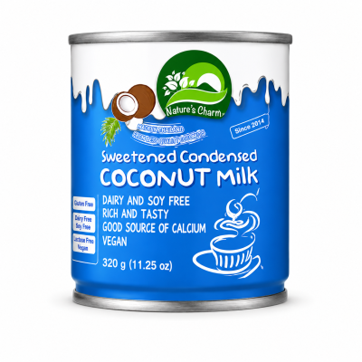 Lata de leite condensado adoçado de coco Natures Charm