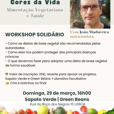 Flyer para workshop vegetarianismo e saúde com foto de homem e vegetais variados em baixo