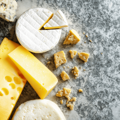 Vários tipos de queijo em superfície cinzenta, incluindo queijo amarelo com buracos, queijo branco macio e queijo duro fragmentado.