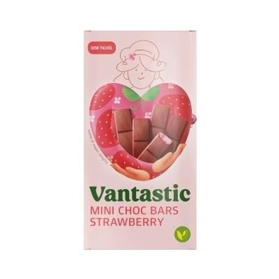 Embalagem cor-de-rosa de barras de chocolate de morango da marca Vantastic.
