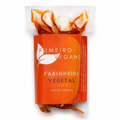 Embalagem de fumiero vegano farinheira vegetal com rótulo laranja e transparente