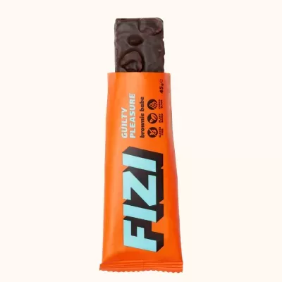 Barra de chocolate FIZI em embalagem laranja com texto azul e branco