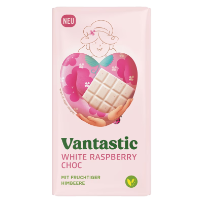 Barra de chocolate branco com framboesa Vantastic numa embalagem rosa claro com figura feminina e coração roxo