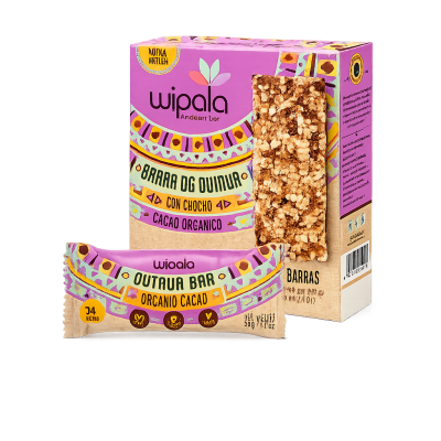 Caixa rosa de barras de quinoa e cacau orgânico Wipala com barra visível e embalagem individual