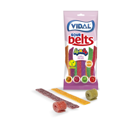 Pacote e gomas VIDAL Sour Belts 4x4 com fitas ácidas coloridas e açucaradas