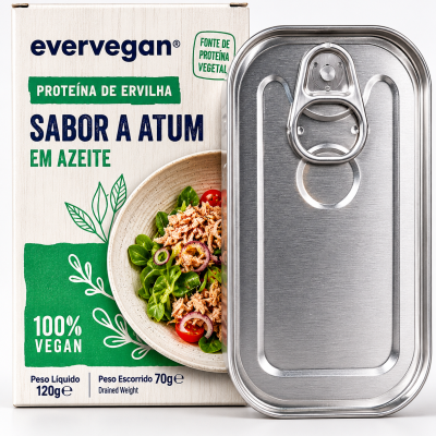 Embalagem e lata metálica de proteína vegetal sabor atum em azeite Evervegan.