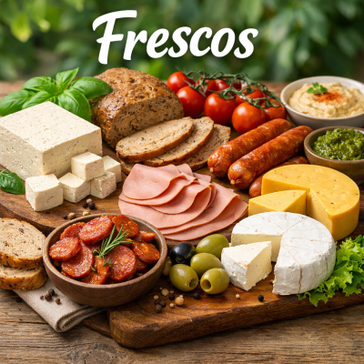 Tábua com queijos, enchidos, fiambre, pão, tomates e molhos ao ar livre