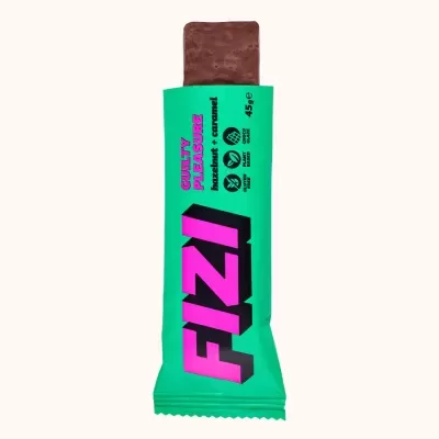 Barra de chocolate FIZI com embalagem verde água e texto roxo e preto
