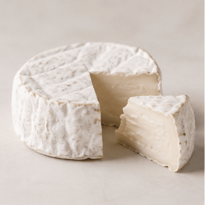 Queijo redondo com casca branca enrugada e uma fatia cortada