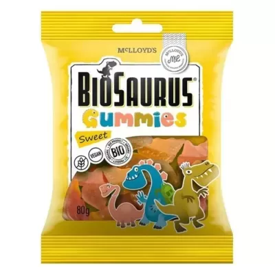 Pacote amarelo de gomas BioSaurus Gummies com desenhos de dinossauros e etiquetas Vegan e BIO