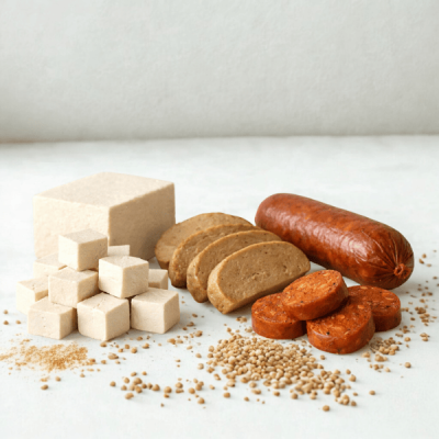 Vários produtos vegetarianos como tofu, seitan e salsicha sobre fundo branco com grãos ao redor