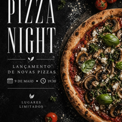 Pizza com cogumelos, queijo e manjericão ao lado de tomates cherry e texto promocional Pizza Night