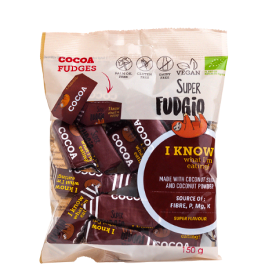 Pacote de Super Fudgão de cacau, embalagem plástica translúcida com barras individuais de chocolate