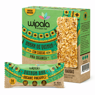 Embalagem de barra de quinoa orgânica com ananás e chocho Wipala