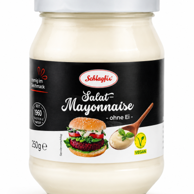 Frasco de maionese Schlagfix vegana em vidro com tampa branca